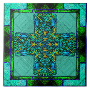 Stained Glass Celtic Cross in Gold and Green Tile