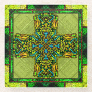 Stained Glass Celtic Cross in Lime Green an Gold Coaster