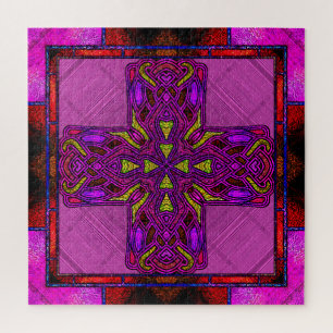 Stained Glass Celtic Cross in Pink and Purple Jigsaw Puzzle