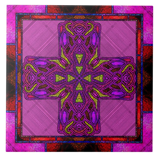 Stained Glass Celtic Cross in Pink and Purple Tile (Front)
