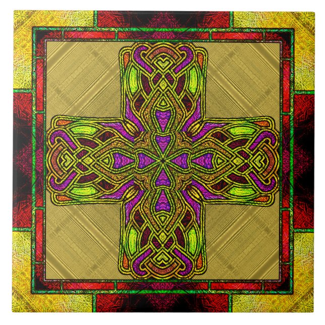 Stained Glass Celtic Cross in Red and Gold  Tile (Front)