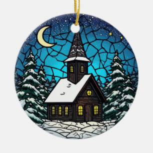 Stained Glass Chapel Winter Night Ceramic Tree Decoration
