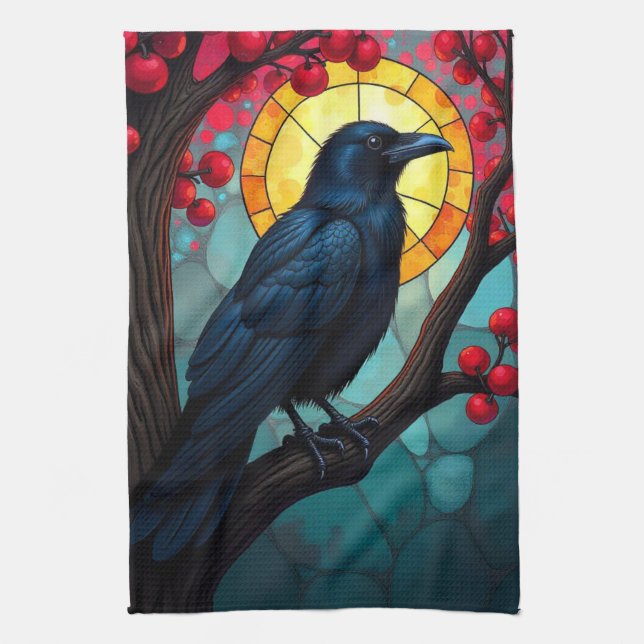 Stained Glass Cherry Tree Ravens-Crows Tea Towel (Vertical)
