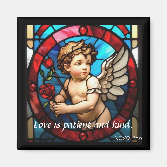 Stained Glass Cherub Magnet: Love is Patient, Kind Magnet (Front)