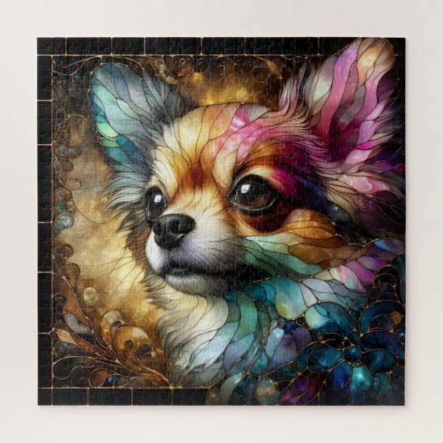 Stained glass chihuahua dog vibrant abstract jigsaw puzzle (Vertical)
