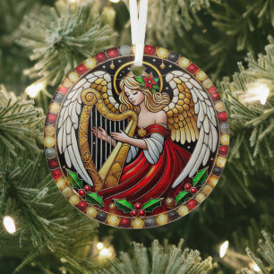 Stained Glass Christmas Angel playing a harp Glass Tree Decoration