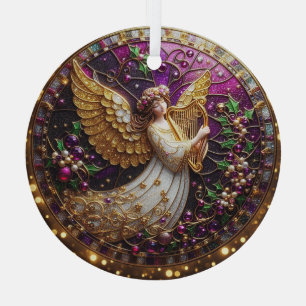 Stained Glass Christmas Angel with Golden Harp Glass Tree Decoration