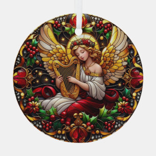 Stained Glass Christmas Angel with Golden Harp Tree Decoration