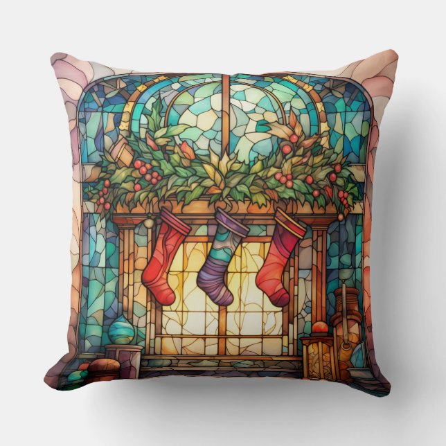 Stained Glass Christmas – Artistic Holiday Decor Cushion (Front)