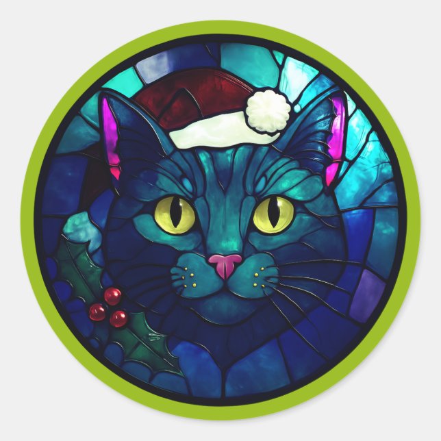 Stained-Glass Christmas Black Cat In Red Hat Classic Round Sticker (Front)