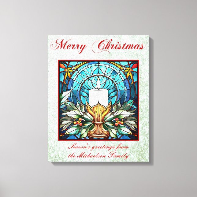 Stained Glass Christmas Candle Holly Green Glitter Canvas Print (Front)