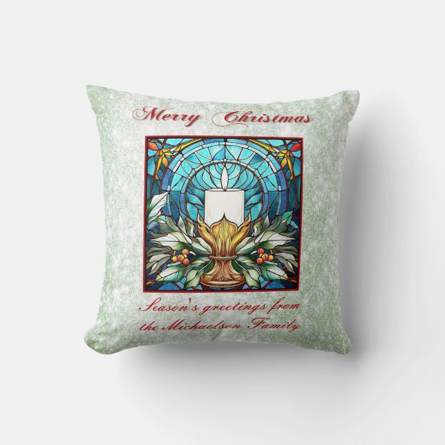 Stained Glass Christmas Candle Holly Green Glitter Cushion (Front)