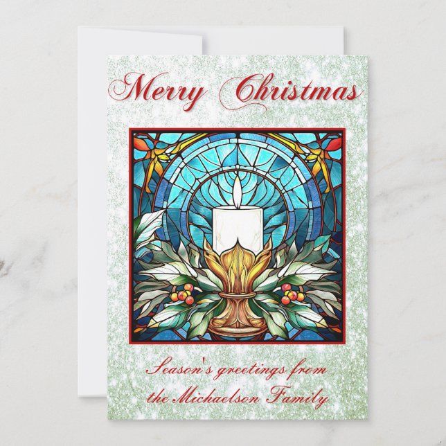 Stained Glass Christmas Candle Holly Green Glitter Holiday Card (Front)