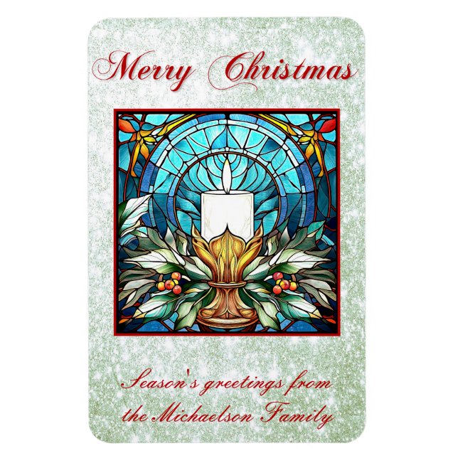 Stained Glass Christmas Candle Holly Green Glitter Magnet (Vertical)