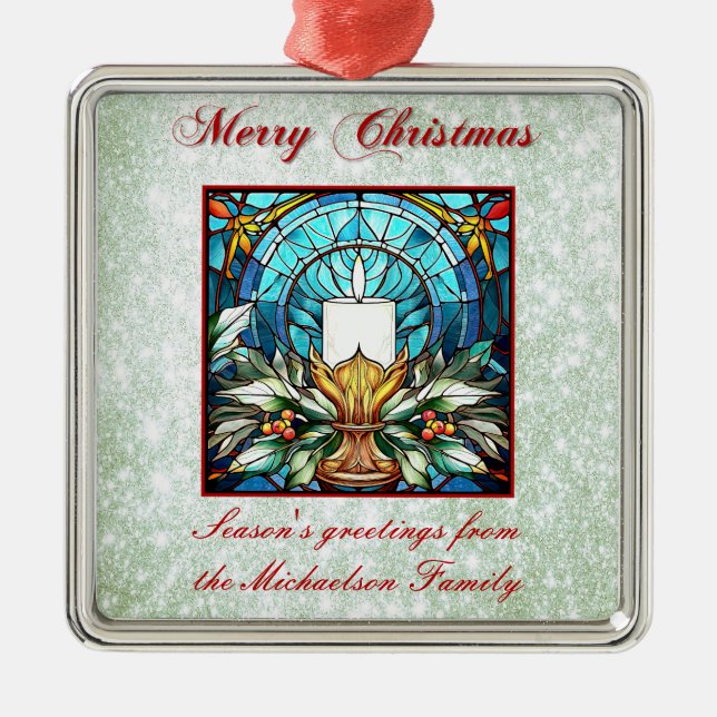 Stained Glass Christmas Candle Holly Green Glitter Metal Tree Decoration (Front)
