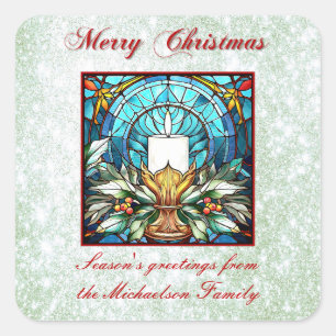 Stained Glass Christmas Candle Holly Green Glitter Square Sticker