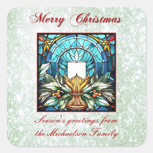 Stained Glass Christmas Candle Holly Green Glitter Square Sticker (Front)