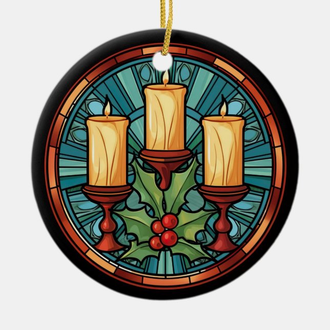 Stained Glass Christmas Candles  Ceramic Tree Decoration (Front)
