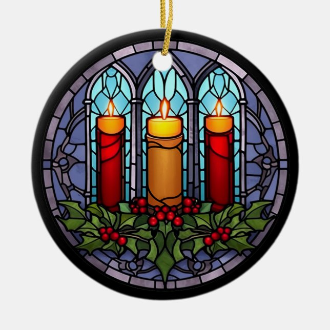 Stained Glass Christmas Candles  Ceramic Tree Decoration (Front)