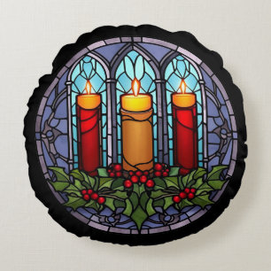 Stained Glass Christmas Candles Round Cushion