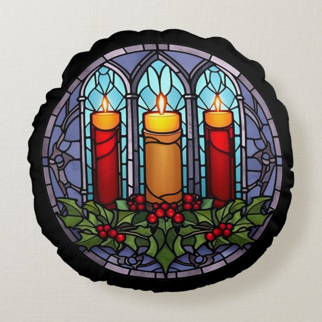 Stained Glass Christmas Candles  Round Cushion (Front)