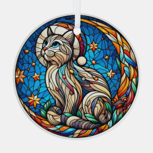 Stained Glass Christmas cat and crescent moon Tree Decoration