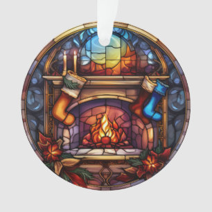 Stained Glass Christmas Fireplace Scene Ornament