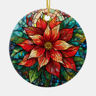 Stained Glass Christmas Flower red Poinsettia Ceramic Tree Decoration