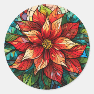 Stained Glass Christmas Flower red Poinsettia Classic Round Sticker