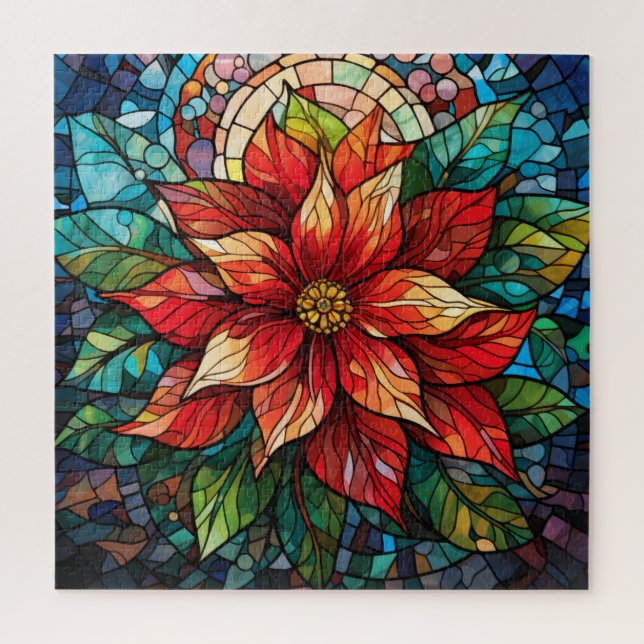 Stained Glass Christmas Flower red Poinsettia Jigsaw Puzzle (Vertical)