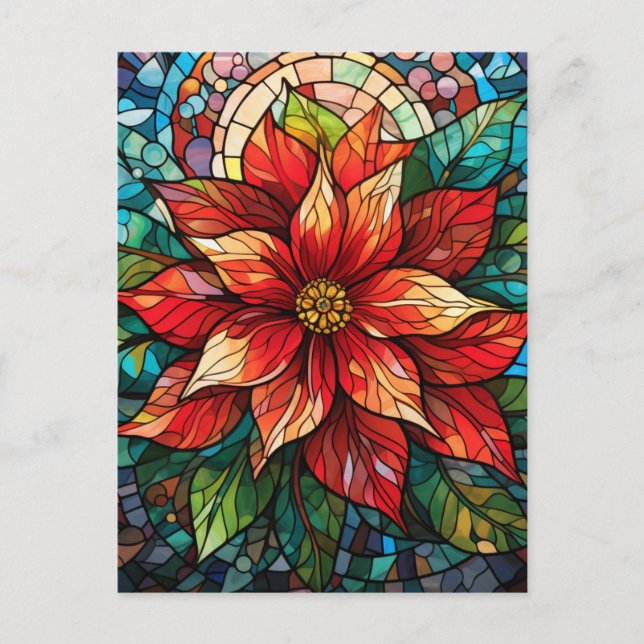 Stained Glass Christmas Flower red Poinsettia Postcard (Front)