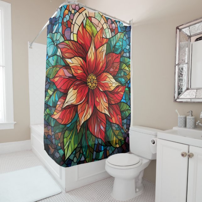 Stained Glass Christmas Flower red Poinsettia Shower Curtain (In Situ)