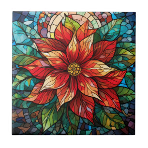 Stained Glass Christmas Flower red Poinsettia Tile