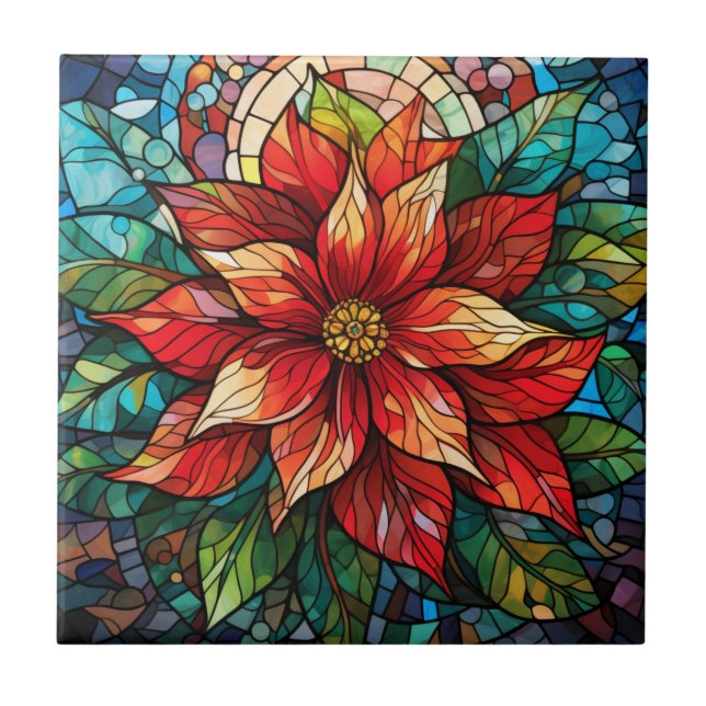 Stained Glass Christmas Flower red Poinsettia Tile (Front)
