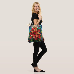 Stained Glass Christmas Flower red Poinsettia Tote Bag