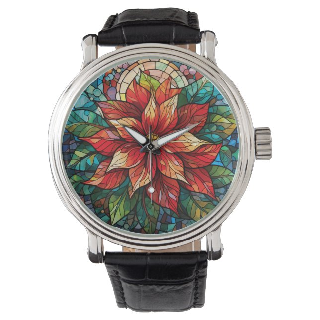 Stained Glass Christmas Flower red Poinsettia Watch (Front)