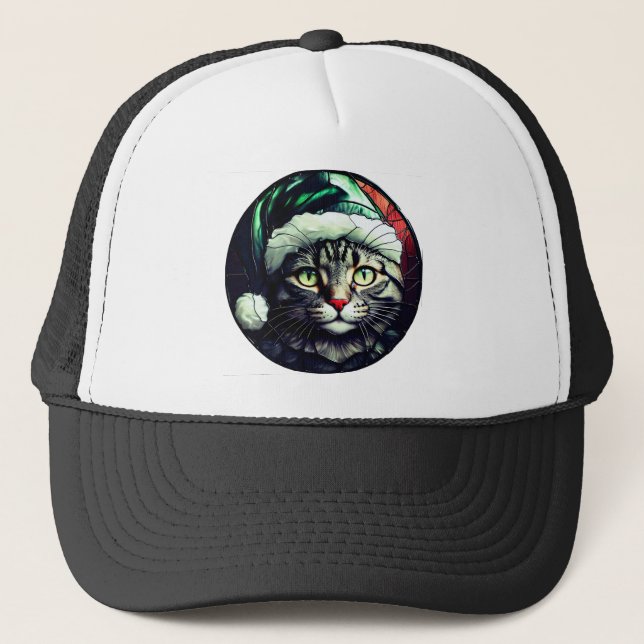 Stained-Glass Christmas Grey Tabby In Green Hat (Front)