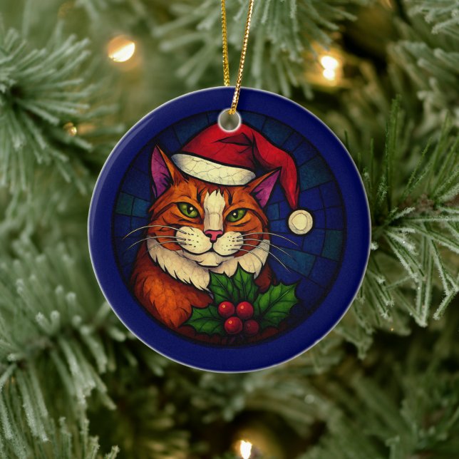 Stained-Glass Christmas Orange Tabby Cat Ceramic Tree Decoration (Tree)