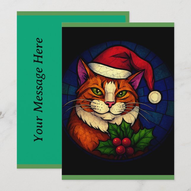 Stained-Glass Christmas Orange Tabby Cat Holiday Card (Front/Back)