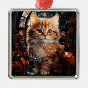 STAINED GLASS CHRISTMAS ORANGE TABBY KITTEN METAL TREE DECORATION