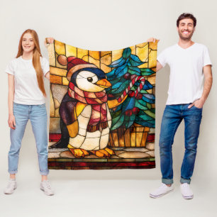 Stained Glass Christmas Penguin Fleece Blanket