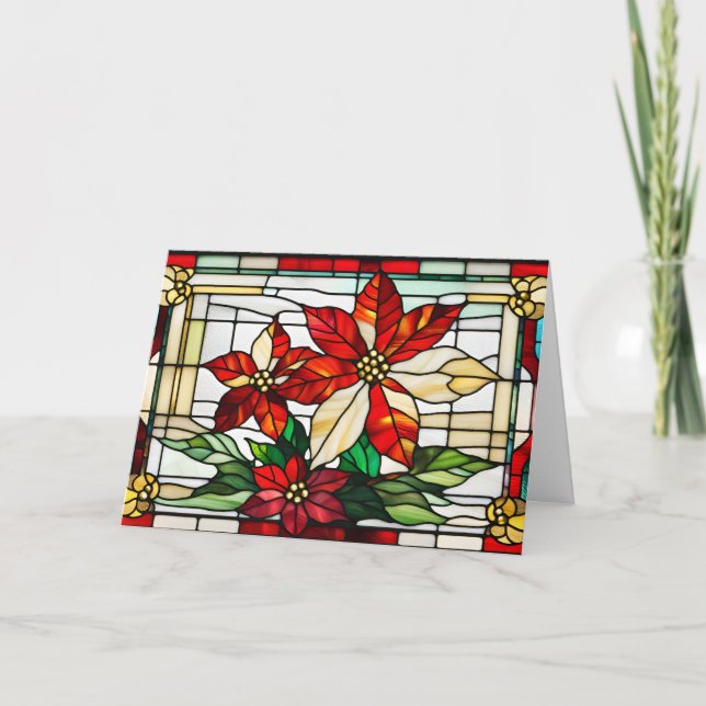 Stained Glass Christmas Poinsettia Flowers  Holiday Card (Front)