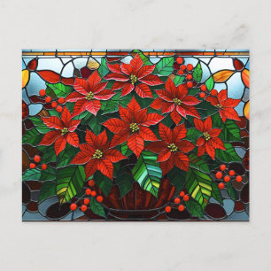 Stained Glass Christmas Poinsettia Flowers Holiday Postcard