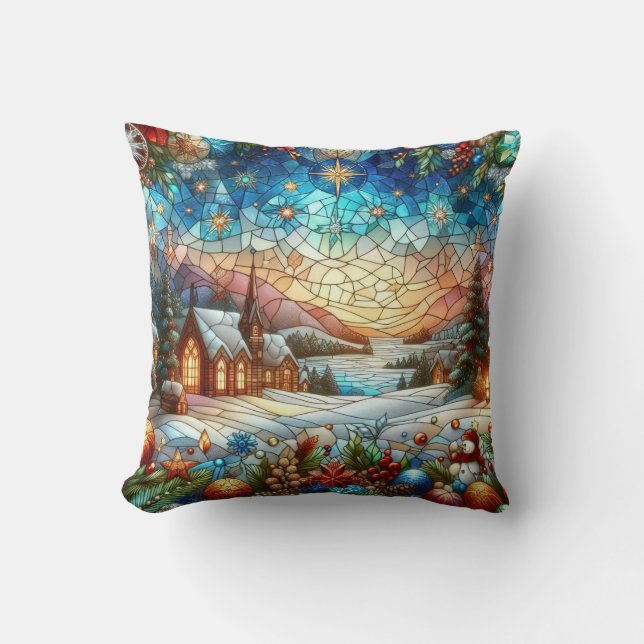Stained Glass Christmas Scene Cushion (Front)
