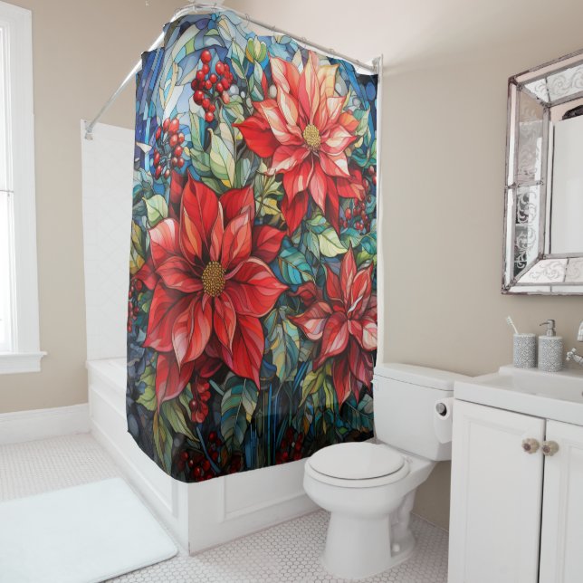 Stained Glass Christmas Shower Curtain Poinsettia (In Situ)