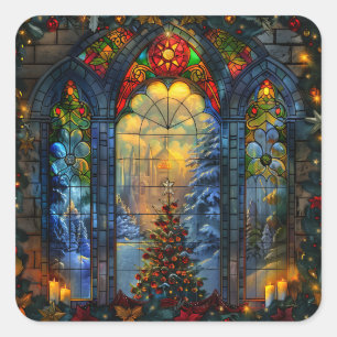 Stained Glass Christmas Square Stickers