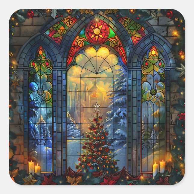 Stained Glass Christmas Square Stickers (Front)