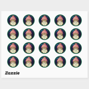 Stained-Glass Christmas Tabby Cat In Pink Cap Classic Round Sticker