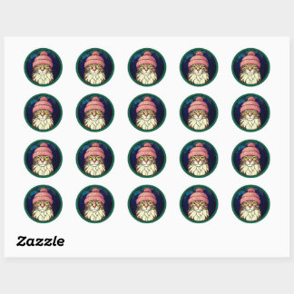 Stained-Glass Christmas Tabby Cat In Pink Cap Classic Round Sticker