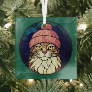 Stained-Glass Christmas Tabby Cat In Pink Cap Glass Tree Decoration